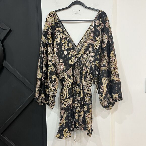 Free People Dresses & Skirts - NWT Free People Printed Arzel Black Mini Dress Boho Flowy Size XS Extra Small